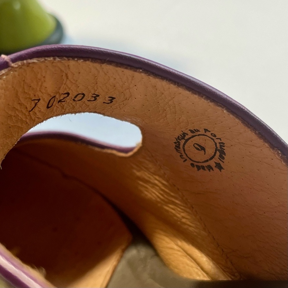 SOLD Fluevog Elif Mary Jane Mini Heels Shoes Olive Green Purple Buckle Strap - Picture 8 of 14
